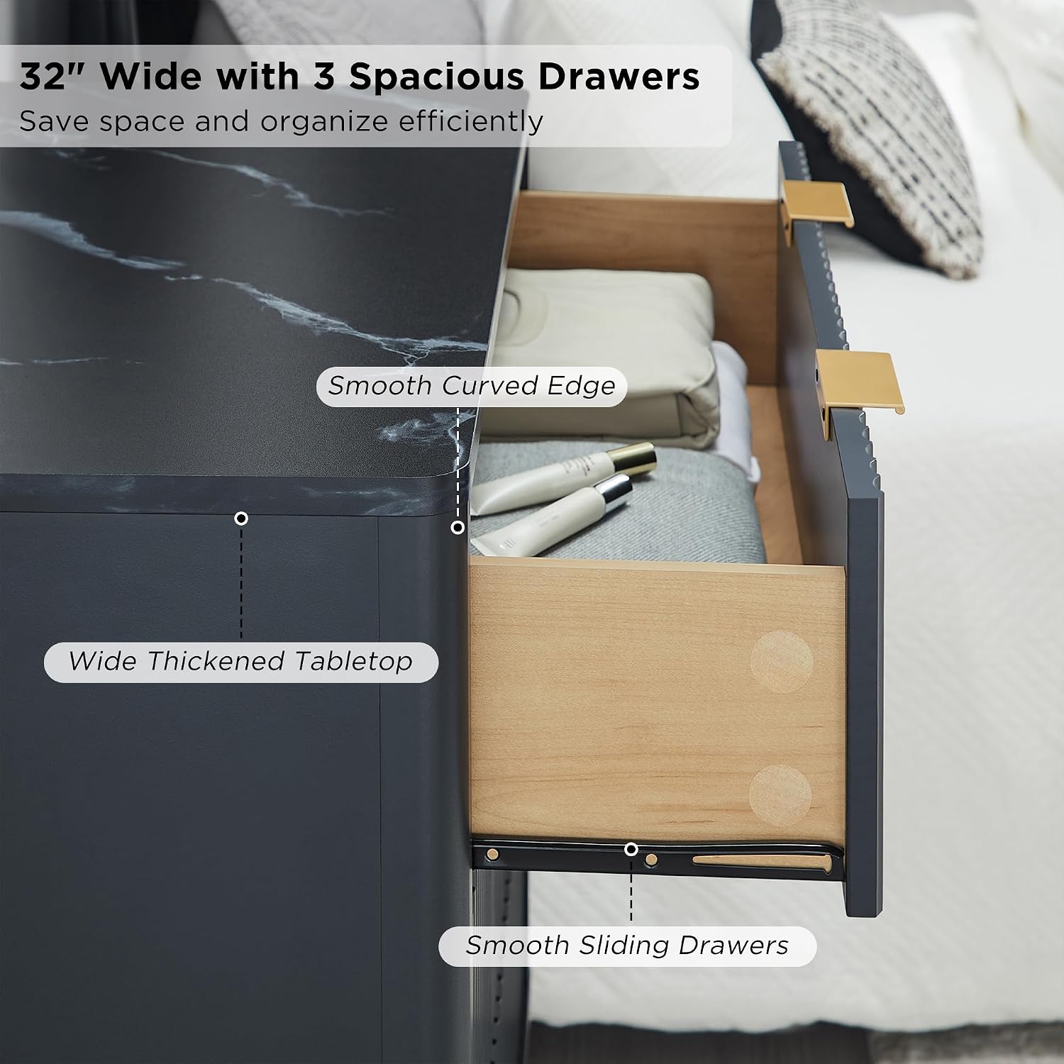 T4TREAM Fluted 3 Drawer Dresser, 32' Tall Modern Chest of Drawers with Faux Marble Top, Curved Profile Design, Wood Drawer Organizer for Bedroom, Living Room, Hallway, Entryway, Dark Grey