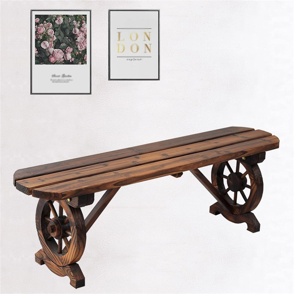 HASMI Outdoor Benches 100/120cm Porch Bench Wooden Carbonized Bench Wheel Shape Chair Legs Oval Seat Pastoral Style Two-seat Sofa Outdoor Bench Garden Bench (Size : 120cm)