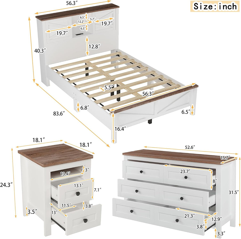 Farmhouse 3-Pieces Bedroom Sets Full Size Farmhouse Platform Bed with Double Sliding Door Storage Headboard and Charging Station,Solid Wood Platform Bed with Storage Nightstand and Dresser,White+Brown
