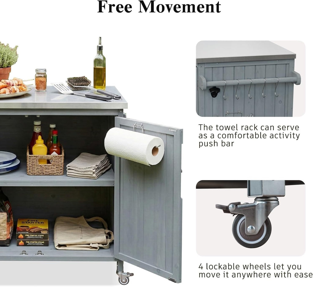 42.1' Outdoor Grill Cart with Storage, Small Kitchen Island with Stainless Steel Top, Side Shelf & Adjustable Shelf, Mobile Bar Cart with Storage and Locking Wheels (Grey+Blue)