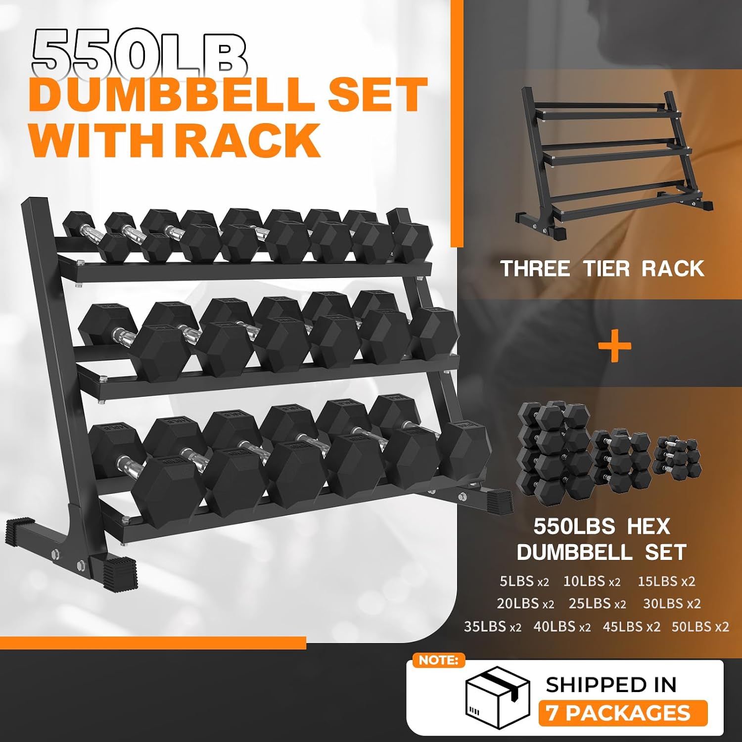 Mikolo Dumbbell Sets with Rack, Rubber Hex Dumbbells, Multiple Choices in 160/200/380/450/550LB, Hand Weights with Chrome Handle for Strength Training