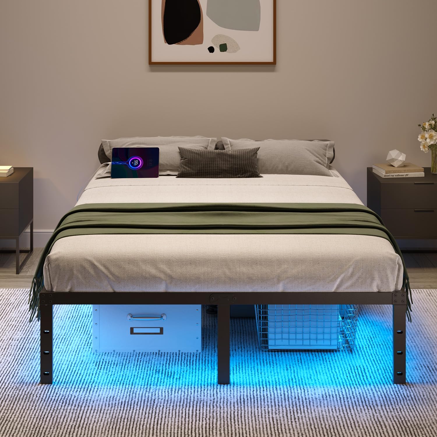HAVONIZD King Bed Frame with LED Lights & Charging Station - 14 Inch Heavy Duty Metal Platform Bed Frame No Box Spring Needed, Easy Assembly, No Noise