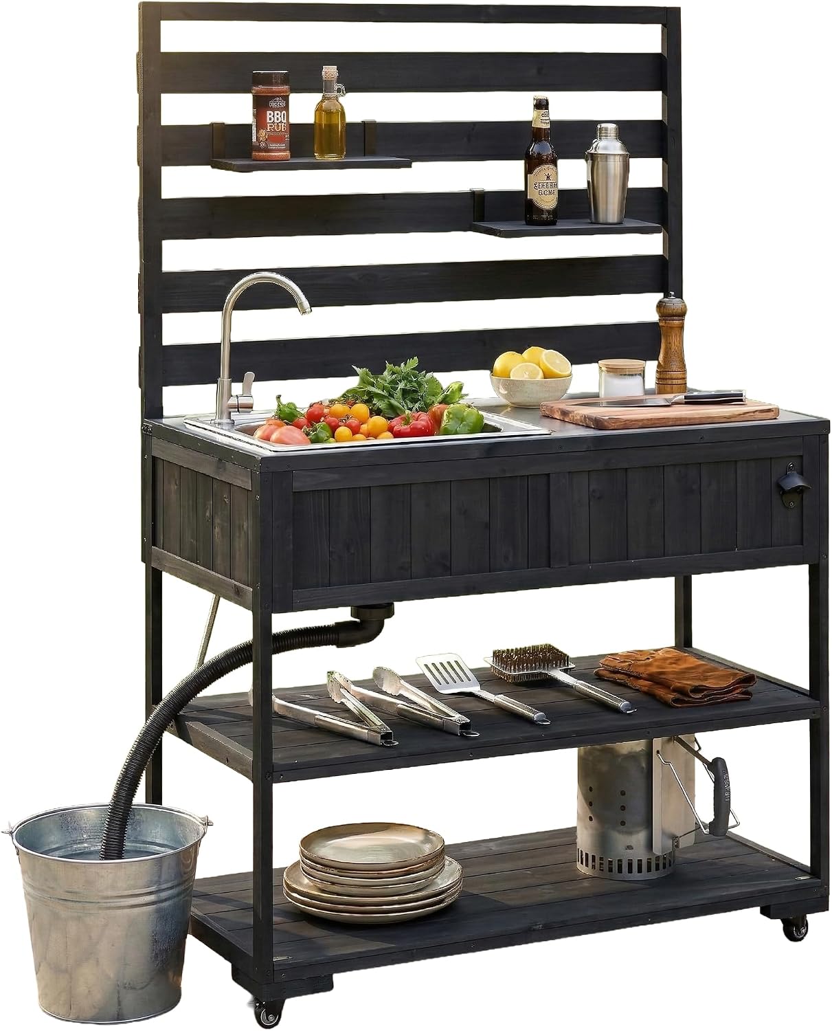 Merax 41.7'' W Outdoor Kitchen Island with Sink, Garden Potting Bench with Stainless Table Top, Rolling Grill Cart with Adjustable Shelves and 1 Bottle Opener,Black