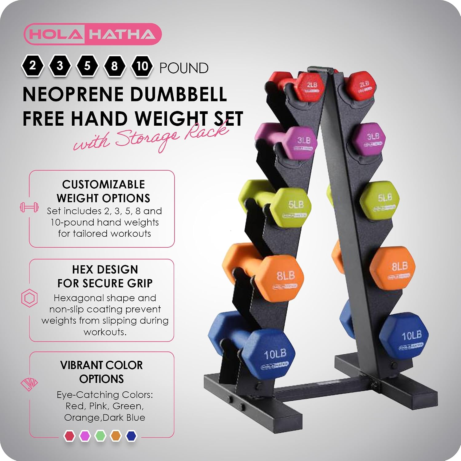HolaHatha Neoprene Dumbbell Weights Set w/Rack, Home Gym Equipment - Portable Weighted Exercise Dumbbells for Fitness, Training, and Lifting Workouts