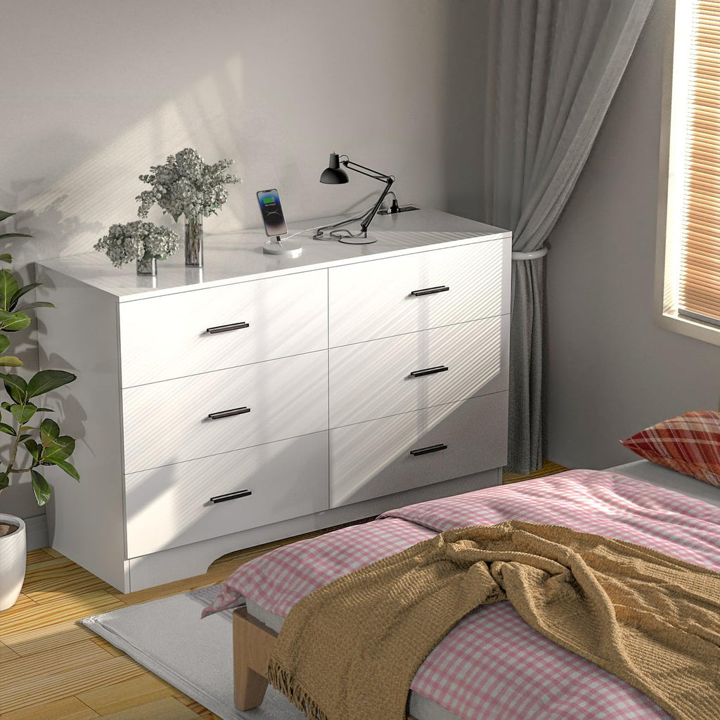FJTJBSI Dresser with Power Outlets Wooden 6 Drawer Dresser with USB and Type C Port Chest of Drawers for Bedroom Tall White Storage Organizer for Living Room Hallway Closet
