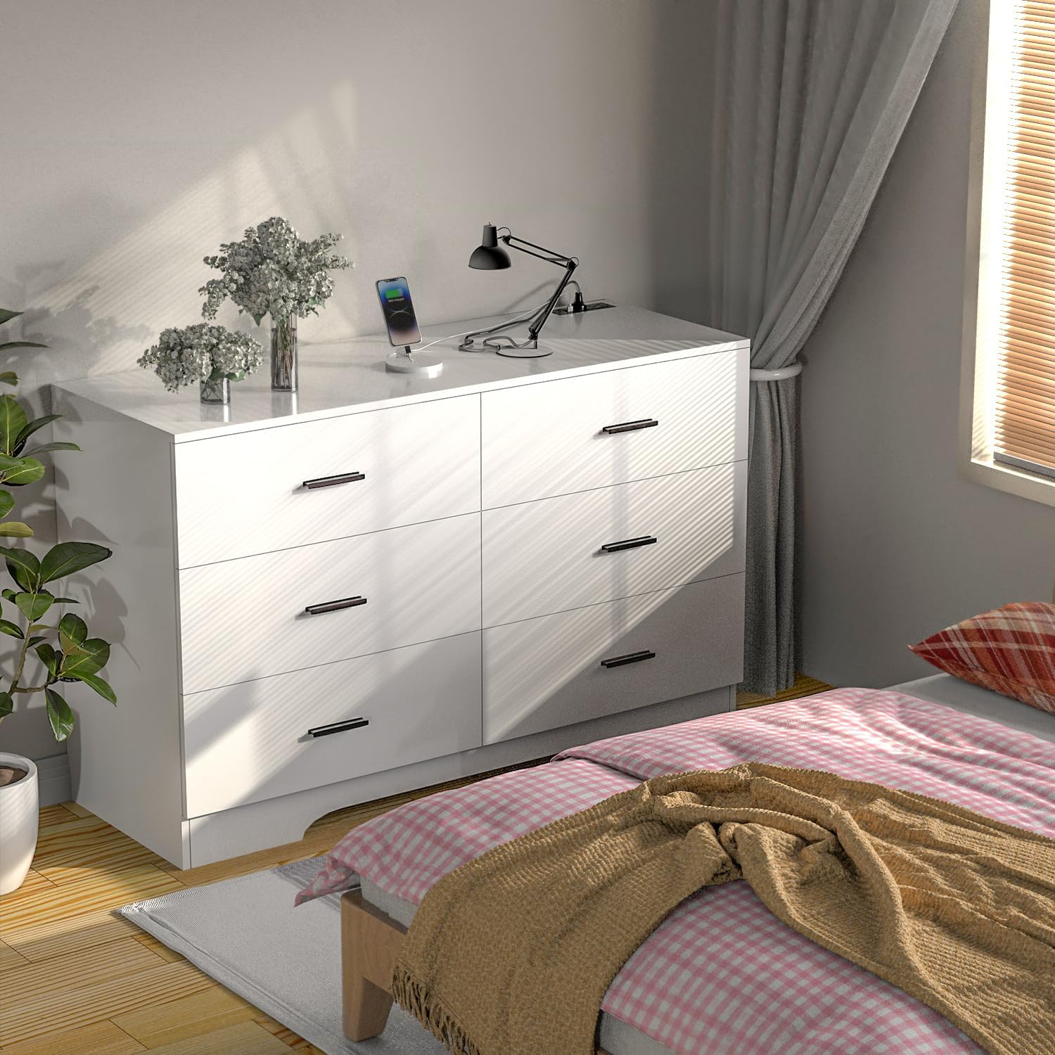 FJTJBSI Dresser with Power Outlets Wooden 6 Drawer Dresser with USB and Type C Port Chest of Drawers for Bedroom Tall White Storage Organizer for Living Room Hallway Closet