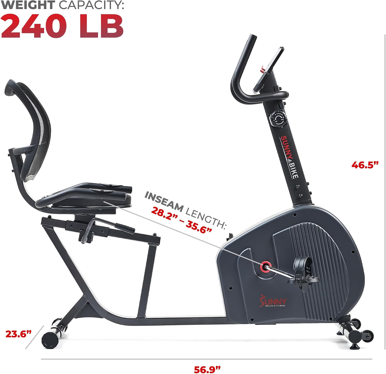 Sunny Health & Fitness Smart Recumbent Exercise Bike, Adjustable Cushion Seat & Mesh Back-Rest for Home Training, Magnetic Resistance & Belt-Drive for Quiet & Smooth workout, Free SunnyFit App Connect