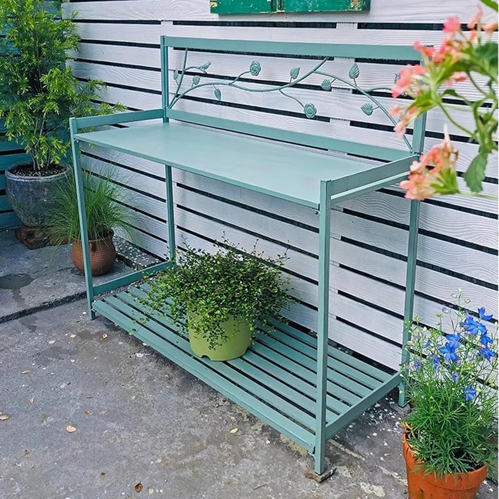 Outdoor Patio Metal Potting Table with 2- Tier Open Shelf, Potting Bench, Garden Work Station Table for Planting (Color:White)