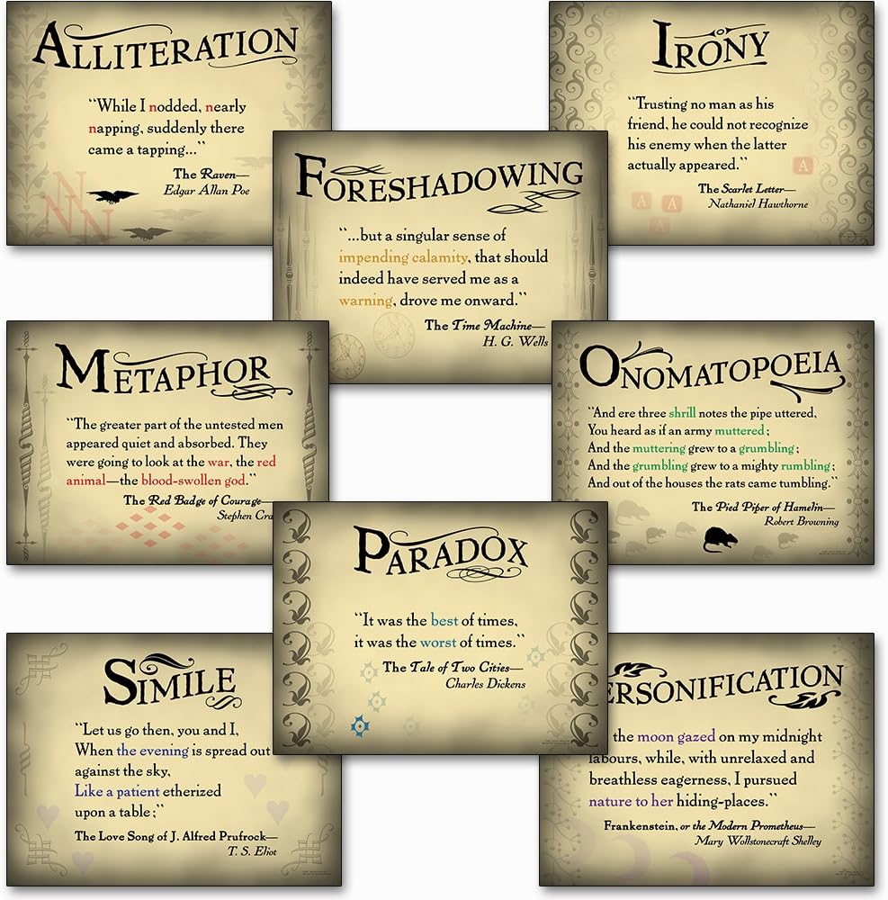 Literary Tools Set of Eight Literary Arts Posters Featuring: Foreshadowing, Irony, Metaphor, Onomatopoeia, Paradox, Alliteration, Personification, and Simile.