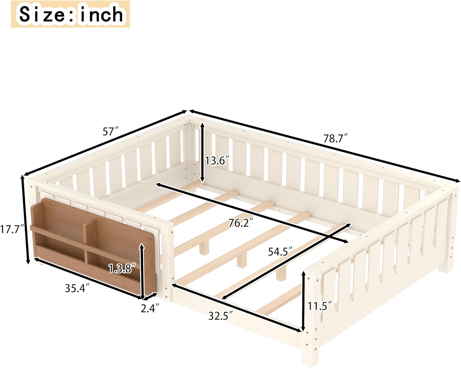 Bellemave Full Size Floor Bed with Slats and Safety Guardrail, Beige