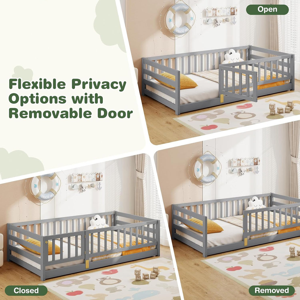KOMFOTT Twin Size Wood Floor Bed with Door & 21.5' Fence, Montessori Bed Frame with Full Length Safety Guardrails, Door & Latch, Wooden Montessori Floor Bed for Kids, Girls, Boys