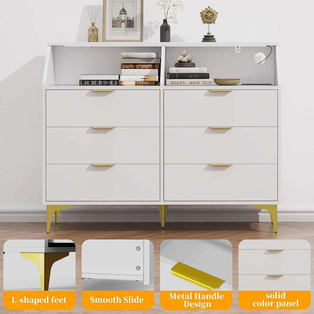 6 Drawer Dresser for Bedroom with Charging Station and LED Lights, Modern Double Dresser, Large Chest of Drawers with Open Space, LED Storage Cabinet for Living Room (White-Gold)