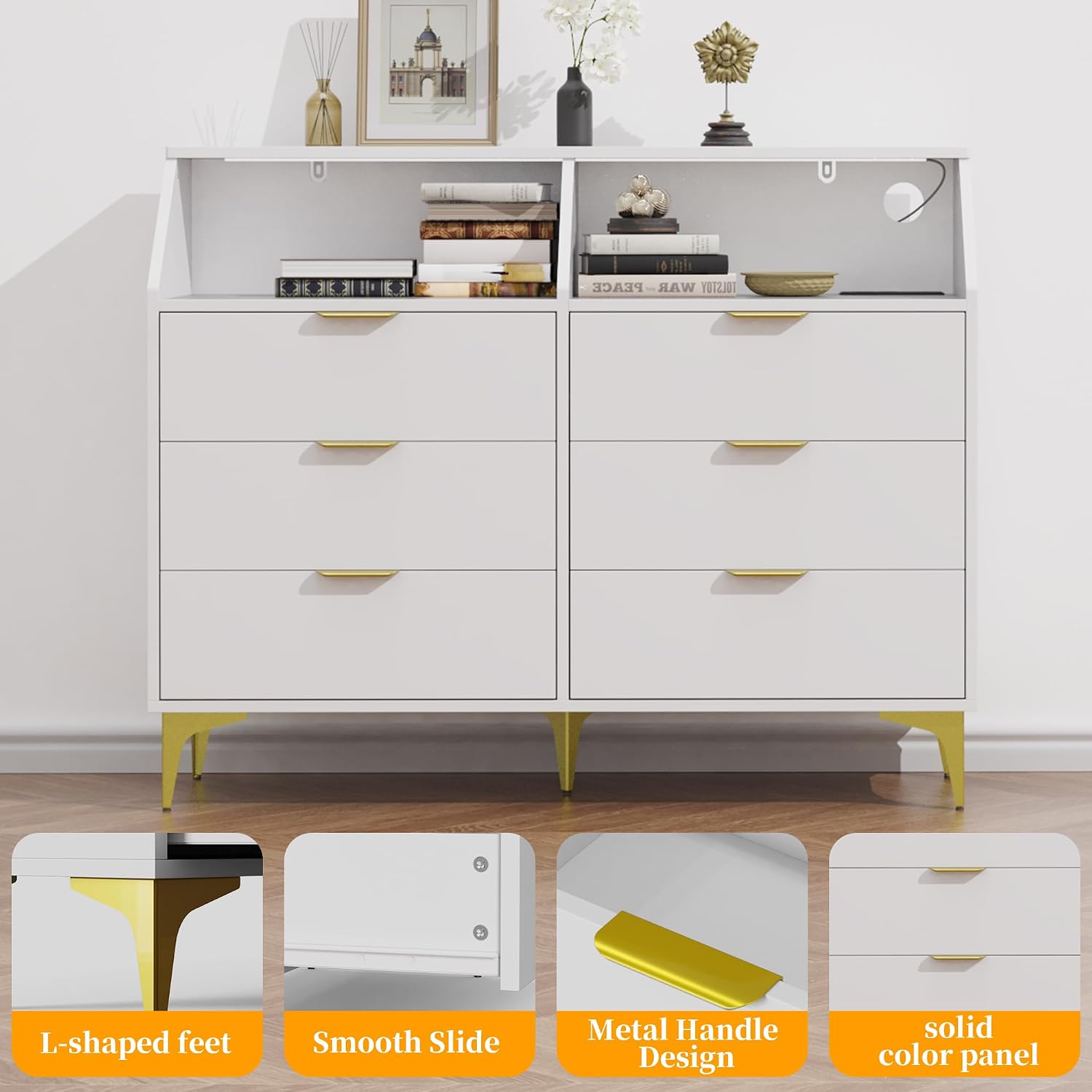 6 Drawer Dresser for Bedroom with Charging Station and LED Lights, Modern Double Dresser, Large Chest of Drawers with Open Space, LED Storage Cabinet for Living Room (White-Gold)