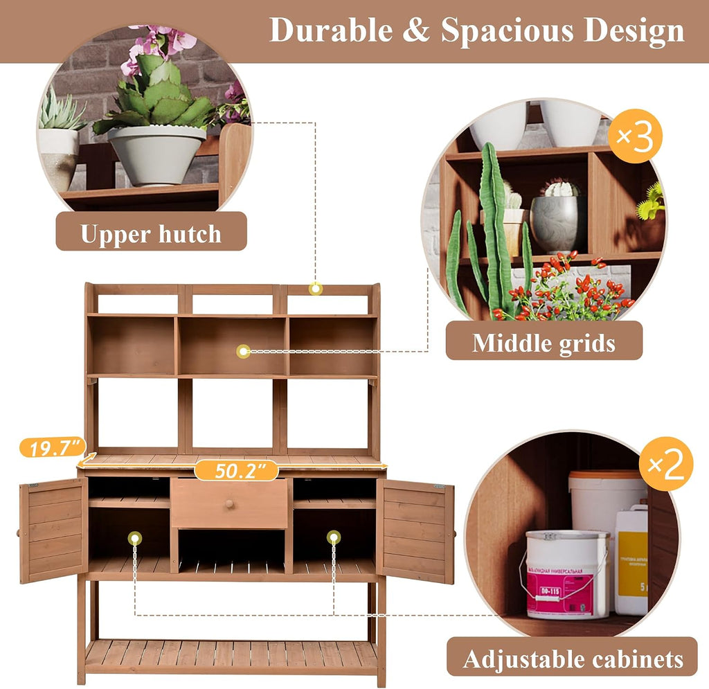 66' Wooden Potting Bench for Outdoor, Large Garden Potting Tables with Side Hooks, Storage Drawer & Adjustable Shelves, Garden Plant Work Bench Table for Backyard (Brown, 20' D X 50' W X 66' H)