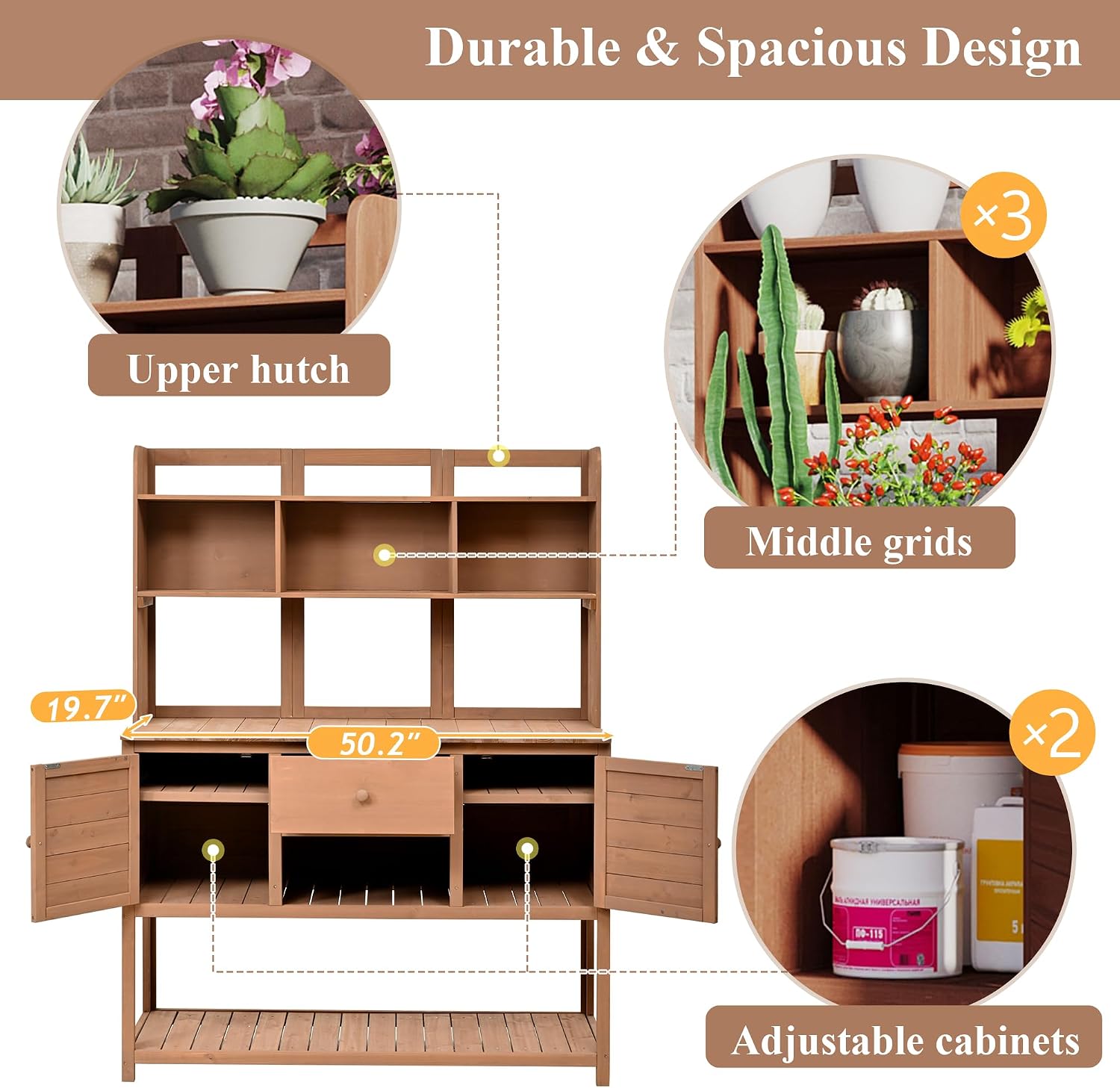 66' Wooden Potting Bench for Outdoor, Large Garden Potting Tables with Side Hooks, Storage Drawer & Adjustable Shelves, Garden Plant Work Bench Table for Backyard (Brown, 20' D X 50' W X 66' H)