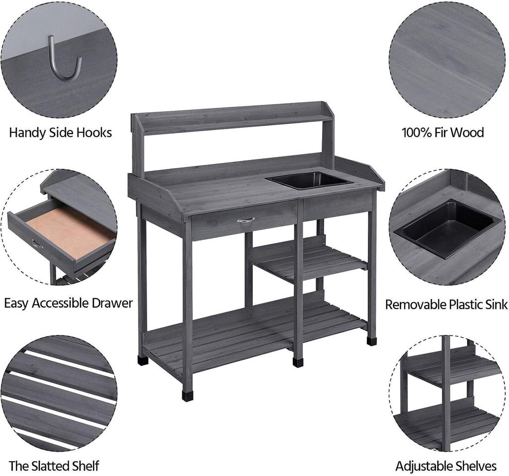 Potting Bench Table Garden Work Planting Benches with Shelf Sink Drawer Outdoor