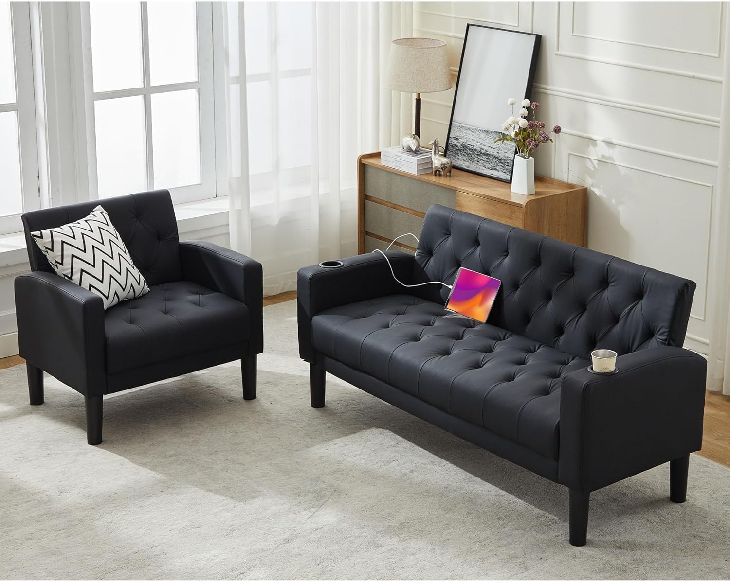 TYBOATLE Mid-Century Modern Tufted Black Faux Leather Loveseat Sofa Set w/ 2 USB & 2 Cupholders, 2 Piece Living Room Furniture Sets, Small Love Seat Couches for Small Space Apartment Bedroom Office