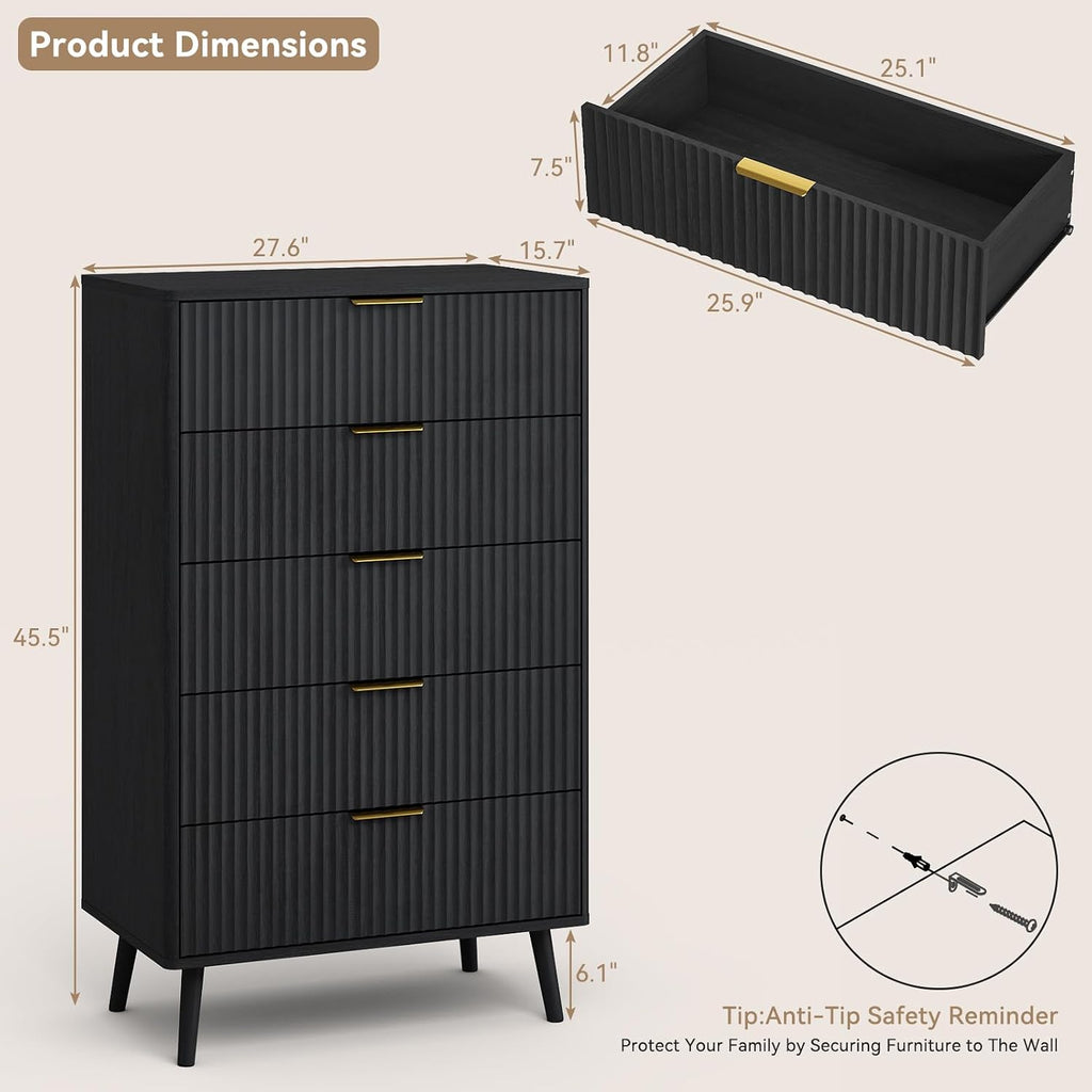 CARPETNAL Fluted 5 Drawers Dresser for Bedroom, 45' Tall Wooden Chest of Drawers with Rounded Corners, Gold Handles, Modern Storage Organizer for Bedroom, Hallway (Black)