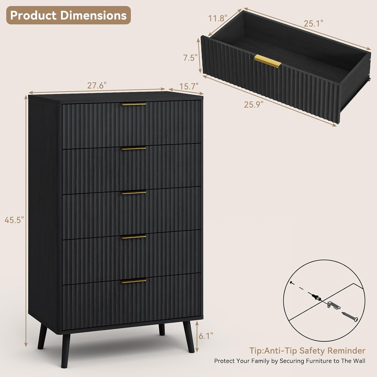 CARPETNAL Fluted 5 Drawers Dresser for Bedroom, 45' Tall Wooden Chest of Drawers with Rounded Corners, Gold Handles, Modern Storage Organizer for Bedroom, Hallway (Black)
