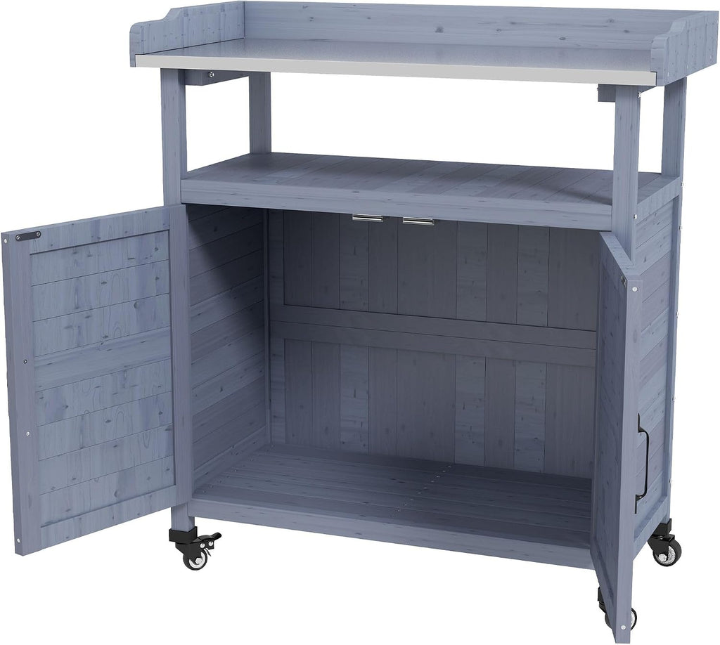 Sturdy All-Weather Aluminum Tabletop Potting Bench Featuring Built-in Storage Cabinet Rubber Casters Gray Heavy-Duty Durable Finish