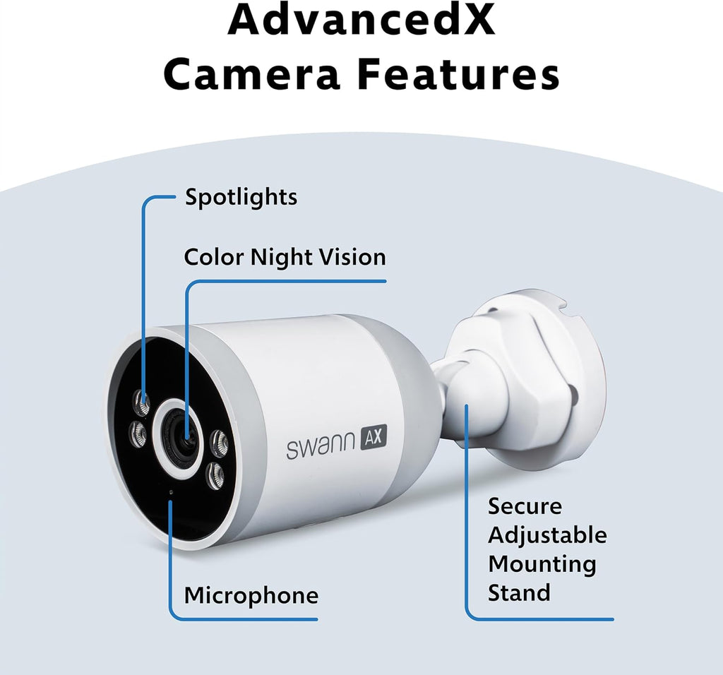 Swann AdvancedX 4K Wired NVR Security Camera System, 16 Channels, 8 Outdoor PoE Cameras, 2TB Hard Drive Storage, Color Night Vision, Video Analysis (8 Bullet Cameras 16 Channel NVR 8MP 2TB HDD)