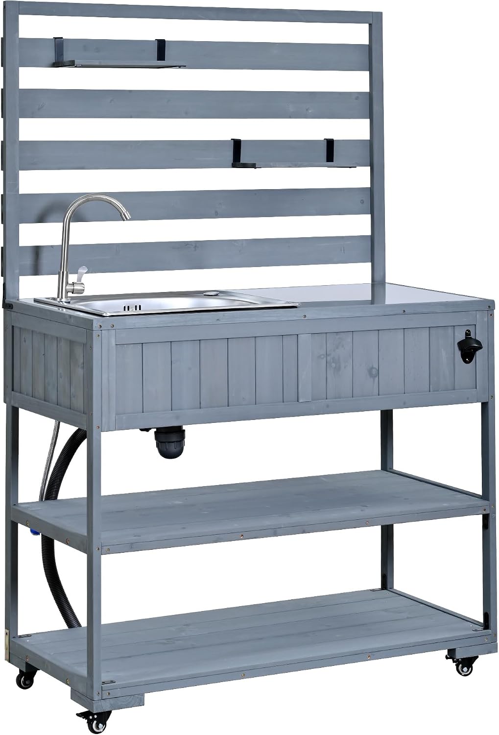 Outdoor Grill Cart with Sink - Solid Wood Kitchen Island with Stainless Steel Table Top, High Shelf, Storage Cabinets & Lockable Wheels, Mobile Potting Bench Table for BBQ & Garden (Grey + Blue)