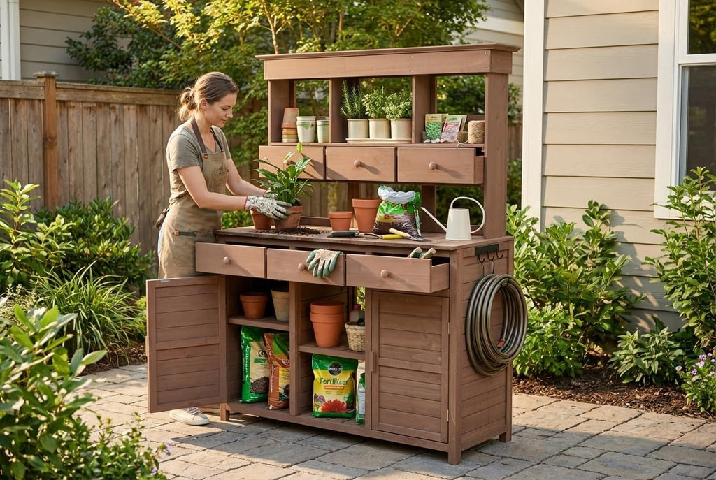 65.7' Tall Garden Potting Table Potting Bench with Hutch, Outdoor Storage Workstation, 3 Shelves 6 Drawers 2 Cabinets and Side Hooks for Mudroom or Garden Potting Bench Patio, Brow