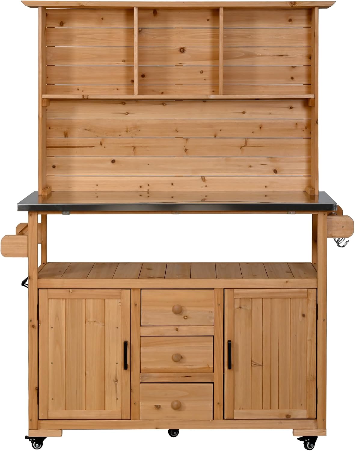 65''H Large Garden Storage Potting Bench with Lockable Wheels, Wood Outdoor Kitchen Island with Stainless Steel top, Drawers, Door Shelves and Hutch (Natural-Wheels)