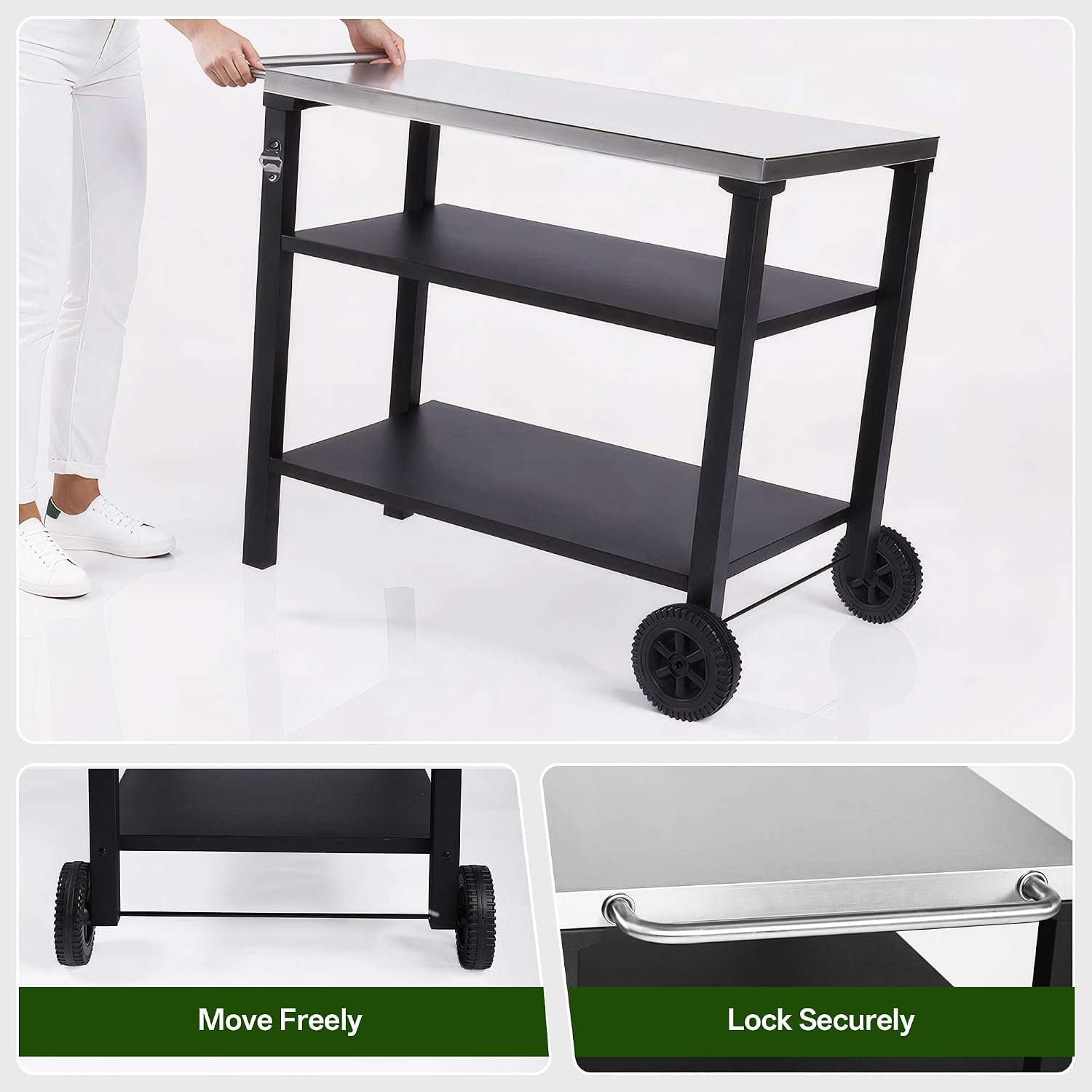 CubisVeta All-in-One Stainless Steel Kitchen Cart - Mobile Workbench with Storage Shelf & Built-in Opener for Indoor Outdoor Cooking, BBQ & Patio (Black and Silver, 39)