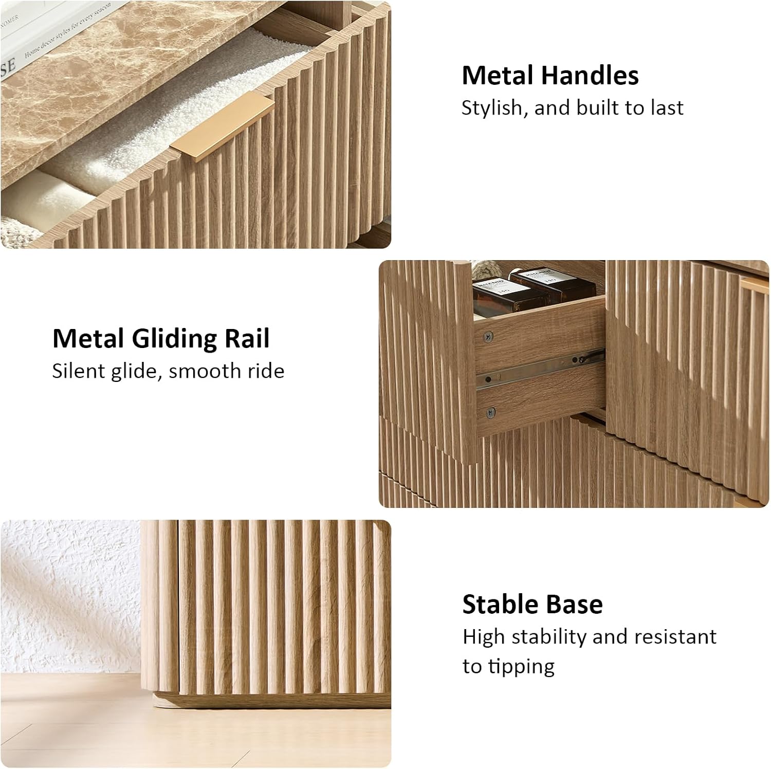 Dresser for Bedroom with 6 Drawers, 54'W Chest of Drawers, Fluted Dresser with Faux Marble Top, Curved Profile Design, Metal Handle, Wood Closet Storage Organizer for Living Room, Hallway, Natural Oak