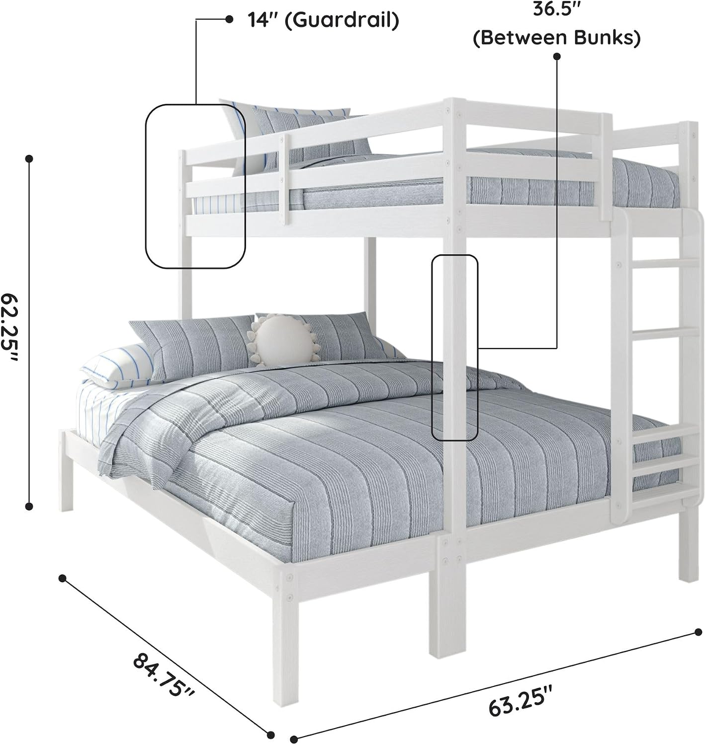 Grain & Grove Bear Twin XL Over Queen Bunk Bed, Sturdy Bunk Bed Frame for Kids, Plywood Bunk with Ladder, Guardrail, and Slats, No Box Spring Required, Brushed White