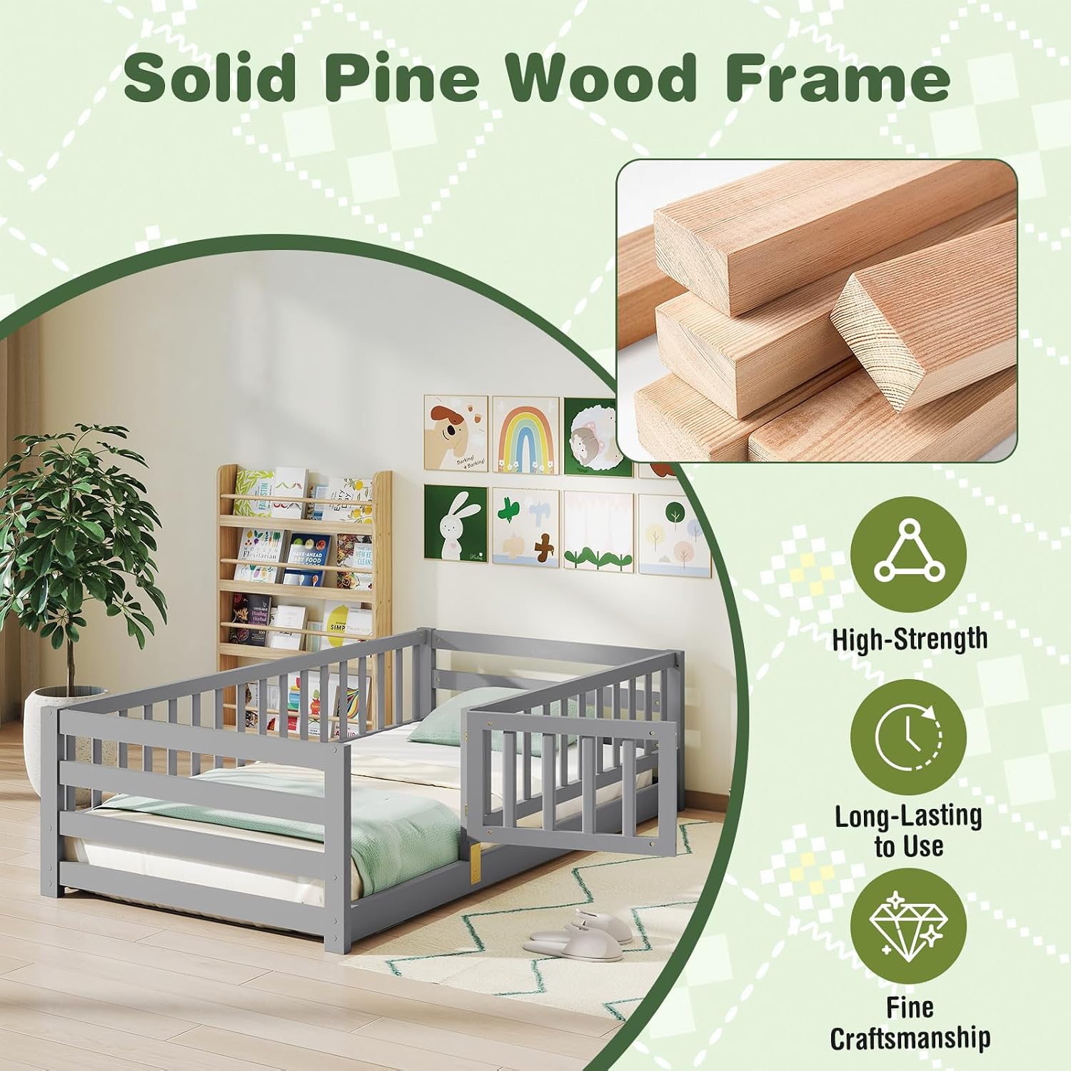 KOMFOTT Twin Size Wood Floor Bed with Door & 21.5' Fence, Montessori Bed Frame with Full Length Safety Guardrails, Door & Latch, Wooden Montessori Floor Bed for Kids, Girls, Boys