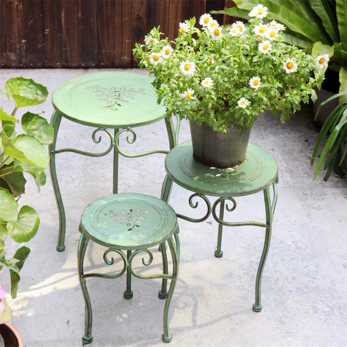3Pcs Floor-Standing Flower Bench, Outdoor Cast Iron Flower Stand,Heavy Duty Wrought Iron Flower Pot Stand,Outdoor Garden Potting Bench Table,for Courtyard Garden Living Room,A