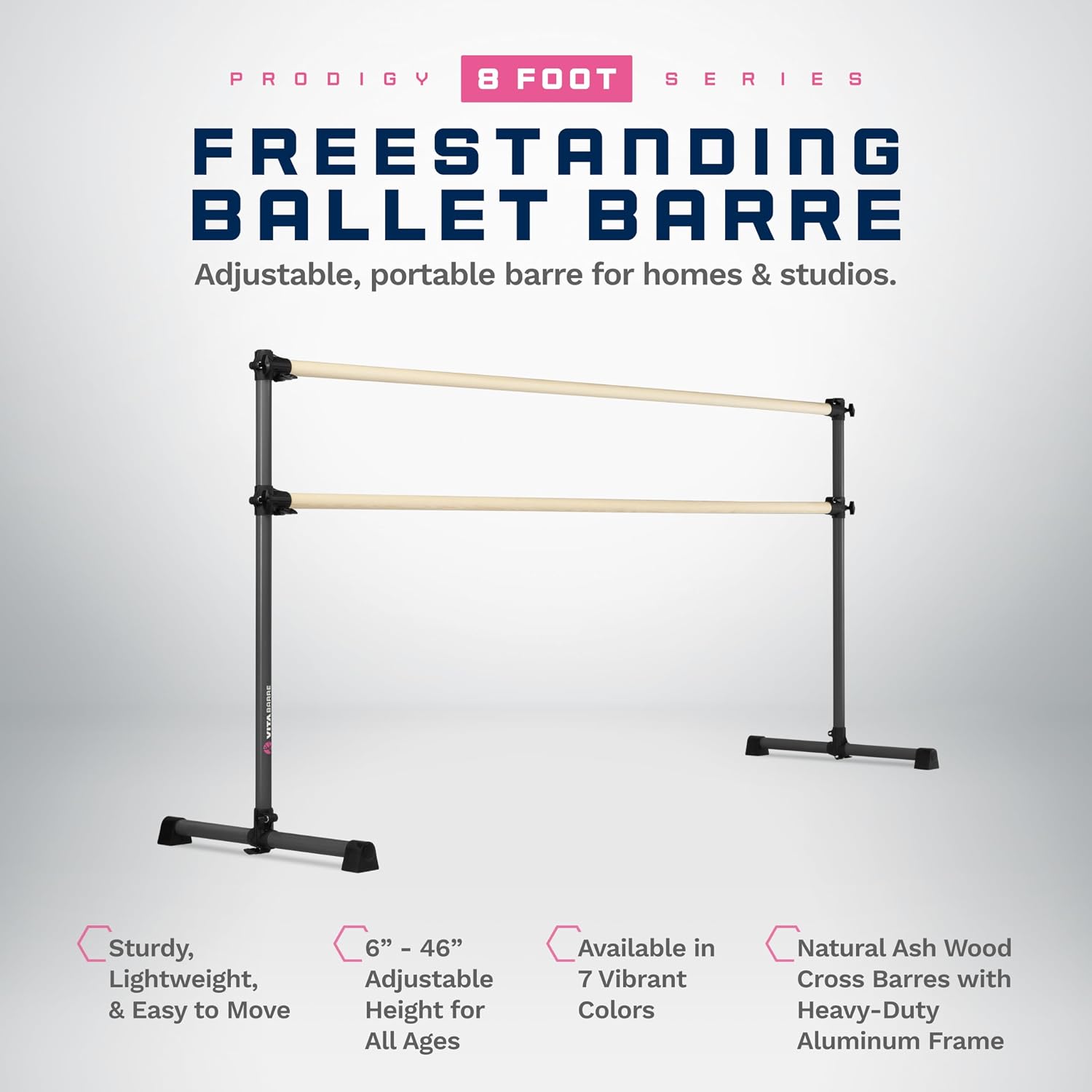 VITA Barre Portable Freestanding Double Ballet Barre, Prodigy, Wood | Adjustable Height, USA Made, Home or Gym Exercise Equipment for Kids & Adults | Dance, Fitness, Pilates