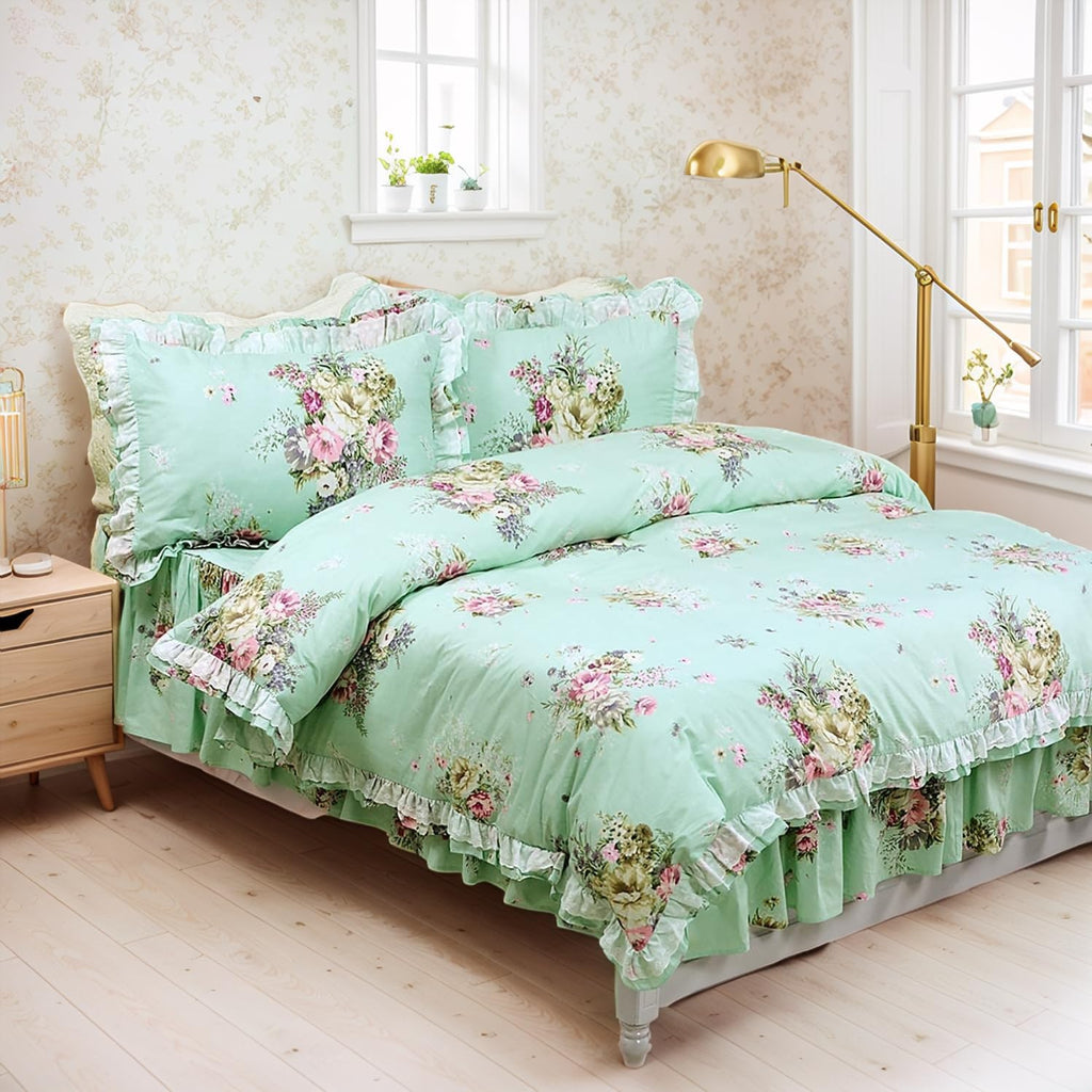 FADFAY Shabby Green Floral Bedding 100% Cotton Princess Lace Ruffle Girls Duvet Cover Set with Bedskirt, 4Pcs, King Size