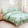 FADFAY Shabby Green Floral Bedding 100% Cotton Princess Lace Ruffle Girls Duvet Cover Set with Bedskirt, 4Pcs, King Size