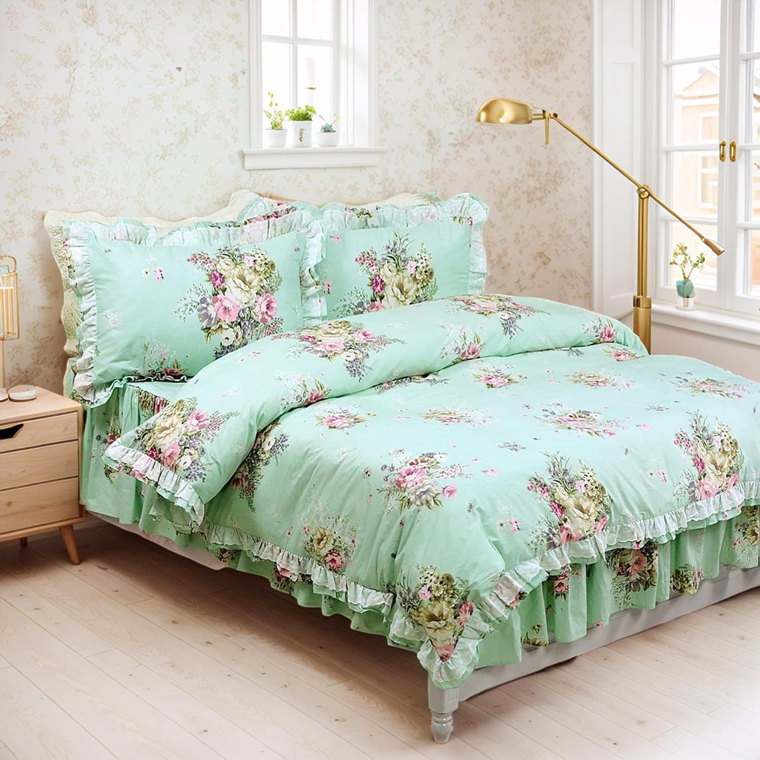 FADFAY Shabby Green Floral Bedding 100% Cotton Princess Lace Ruffle Girls Duvet Cover Set with Bedskirt, 4Pcs, King Size
