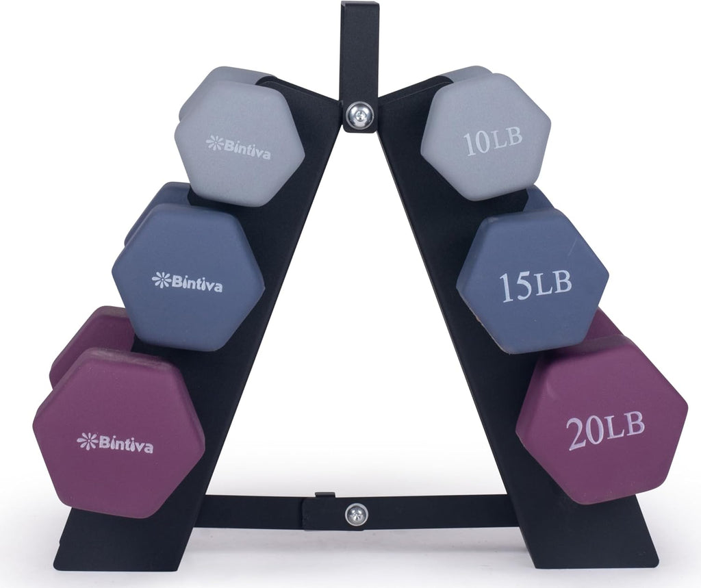 Dumbbell Set with Rack - Neoprene Coated Weights - Hex Color Coded Dumbell Pairs 1-20 LBs