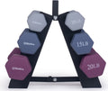 Dumbbell Set with Rack - Neoprene Coated Weights - Hex Color Coded Dumbell Pairs 1-20 LBs