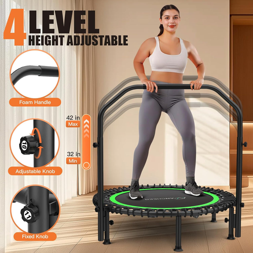 ANCHEER 40'/48' Foldable Mini Trampoline,Max Load 450lbs/550lbs Indoor Trampoline,with 4 Level Adjustable Foam Handle and Resistance Bands,Adult Exercise Trampoline for Home, Garden, and Gym
