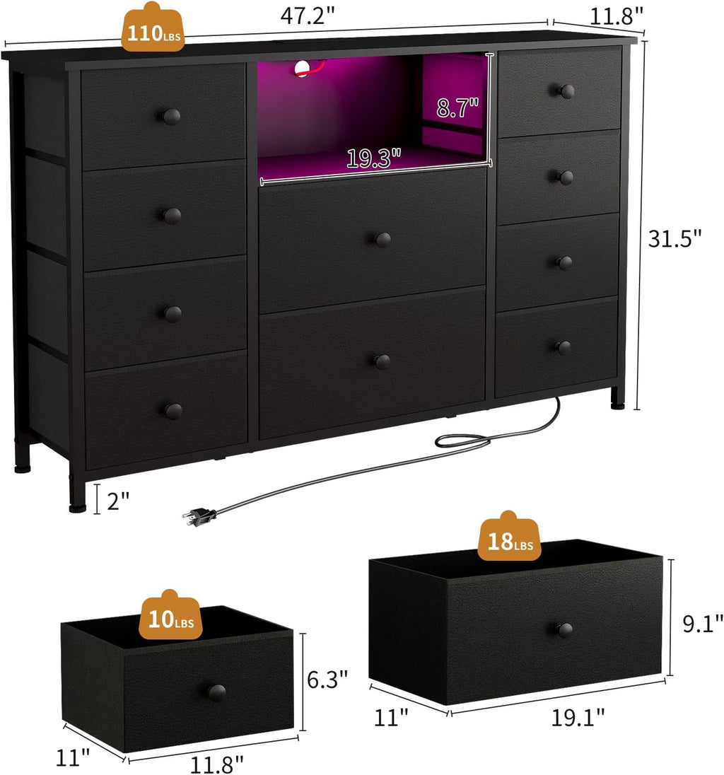 Dresser for Bedroom with 10 Drawers, Black Storage Organizer TV Stand for 55' TV with LED Lights and Sockets, Fabric Chest of Drawers with PU Finish for Closets, Entryway, Living Room, Hallway