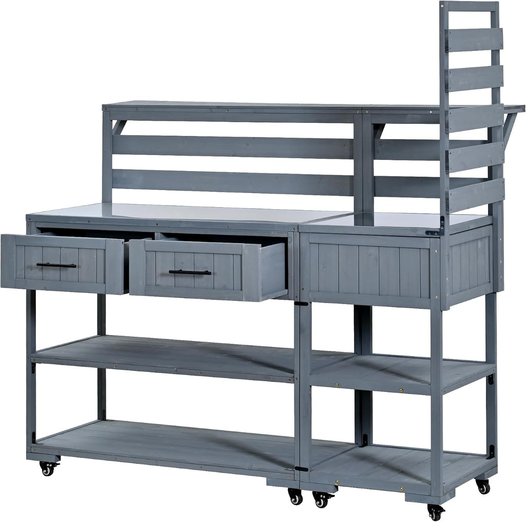 Merax 62.3' W Outdoor Kitchen Island with Stainless Steel Top, Rolling Grill Cart with Lockable Wheels, Garden Potting Bench with Raised Shelf and Drawers, Grill Prep Table for BBQ, Party, Gray