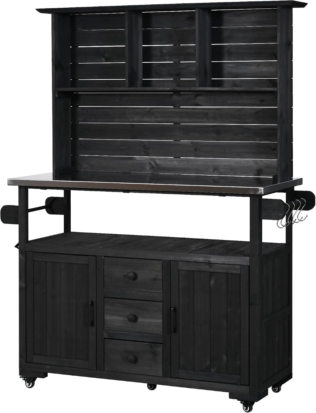 65''H Large Garden Storage Potting Bench with Lockable Wheels, Wood Outdoor Kitchen Island with Stainless Steel top, Drawers, Door Shelves and Hutch (Black-Wheels)