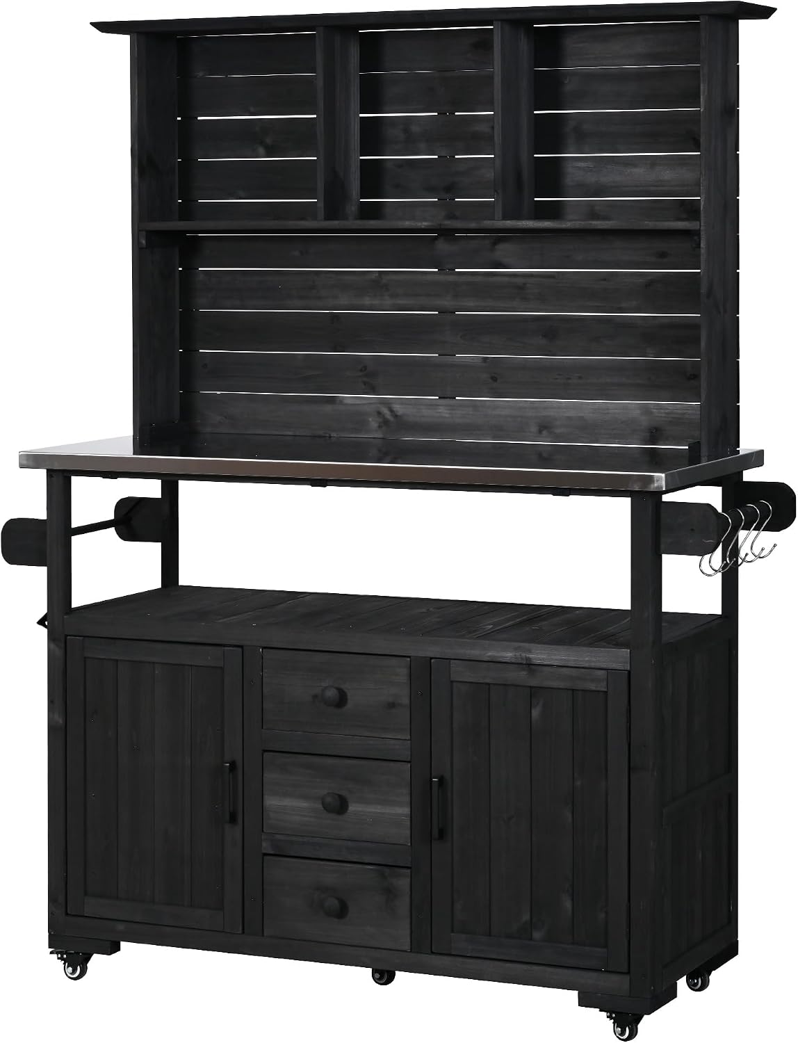 65''H Large Garden Storage Potting Bench with Lockable Wheels, Wood Outdoor Kitchen Island with Stainless Steel top, Drawers, Door Shelves and Hutch (Black-Wheels)