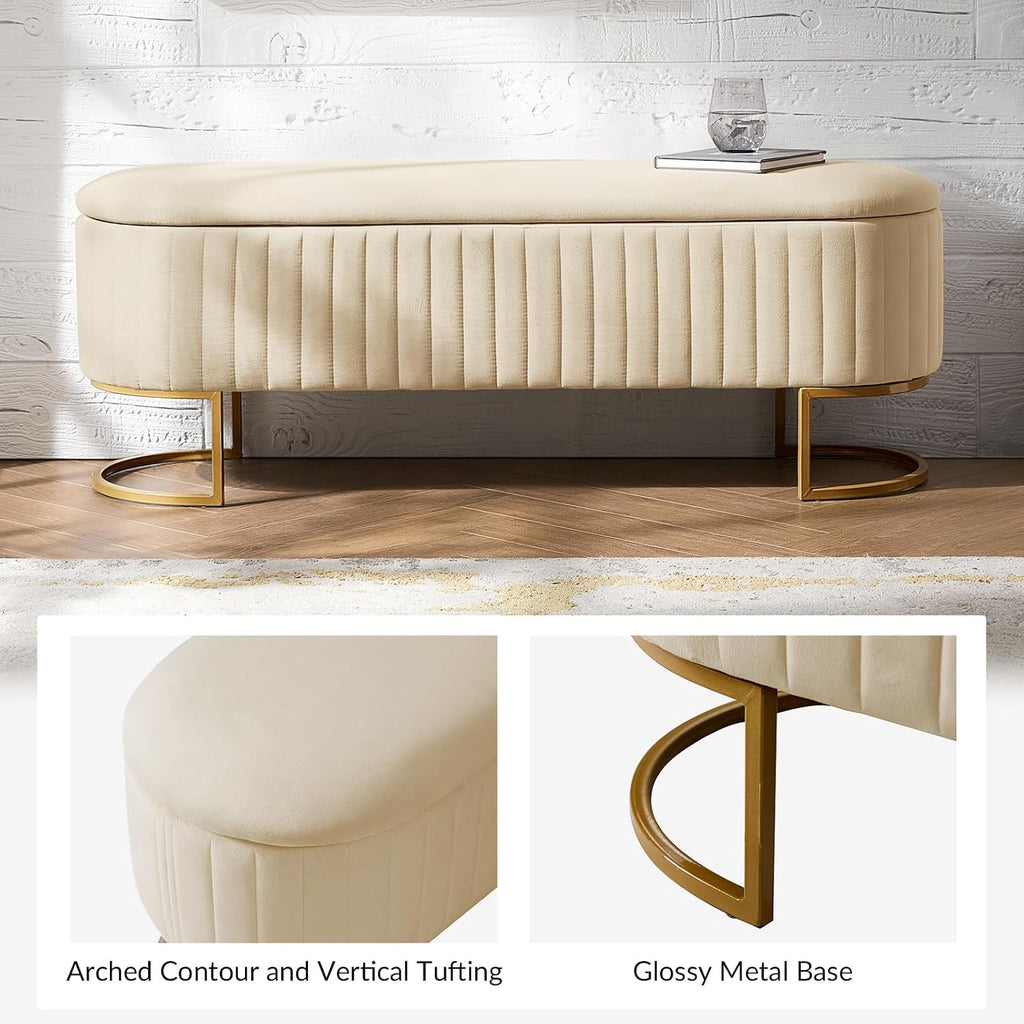 EcoHarbor Living 50.5' Storage Bench Hallway Ottoman,Upholstered End of Bed Bench Velvet with Gold Legs,Flipping Lid Entryway Footrest