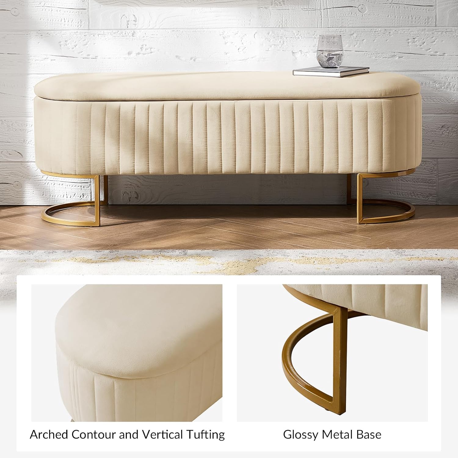 EcoHarbor Living 50.5' Storage Bench Hallway Ottoman,Upholstered End of Bed Bench Velvet with Gold Legs,Flipping Lid Entryway Footrest