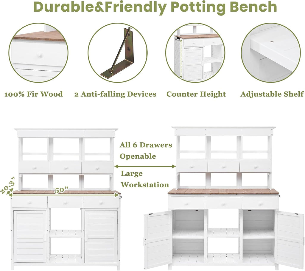 Roomfitters 65.7' Tall Garden Potting Bench Table with Hutch, 3 Shelves, 6 Drawers, 2 Cabinets and Side Hooks, White