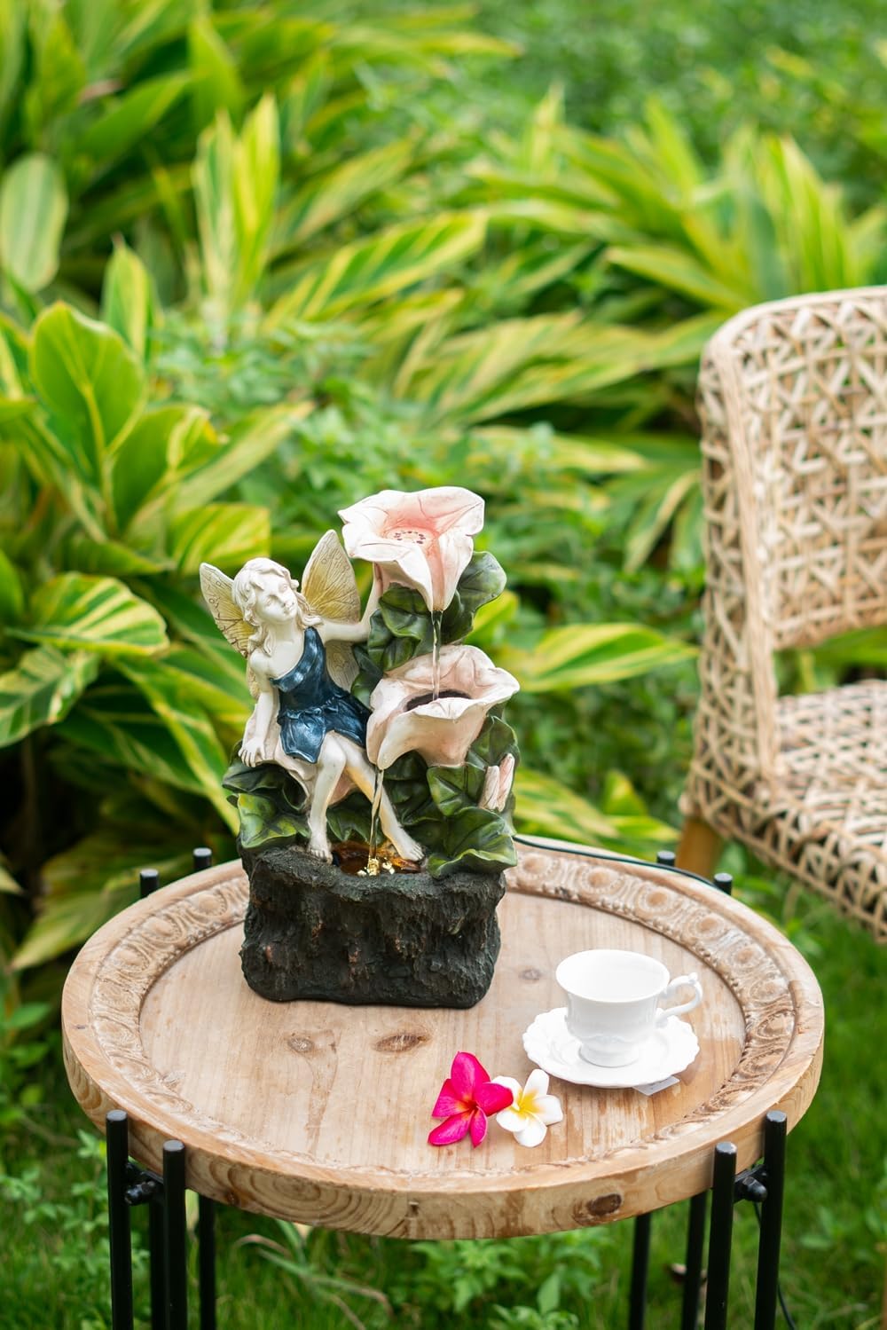 8.9x4.7x13.4 Decorative 3 Tier Tabletop Water Fountain with Fairy and LED Light, Angel Girl with Pink Flower Design, for Indoor Tabletop and Outdoor