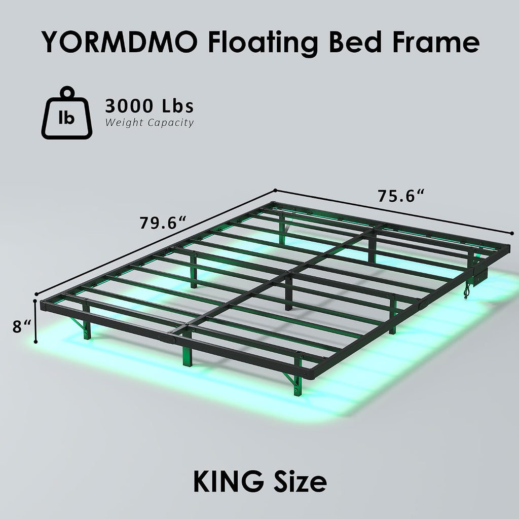 YORMDMO Floating Bed Frame King Size, Heavy Duty Bedframe with Smart LED Lights & Charging Station, Modern Metal Platform Bed, Easy Assembly No Box Spring Needed, 8 Inch