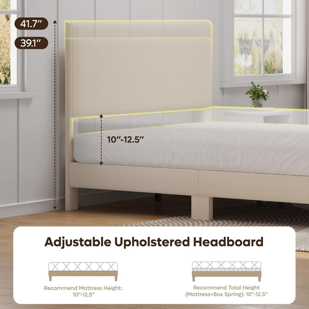 Bestier Queen Bed Frame with Headboard,Platform Queen Size Bed Frame with LED Lighting,Bed Frame Wooden Slats Support,No Box Spring Needed,Never Squeaks, Easy Assembly,Beige